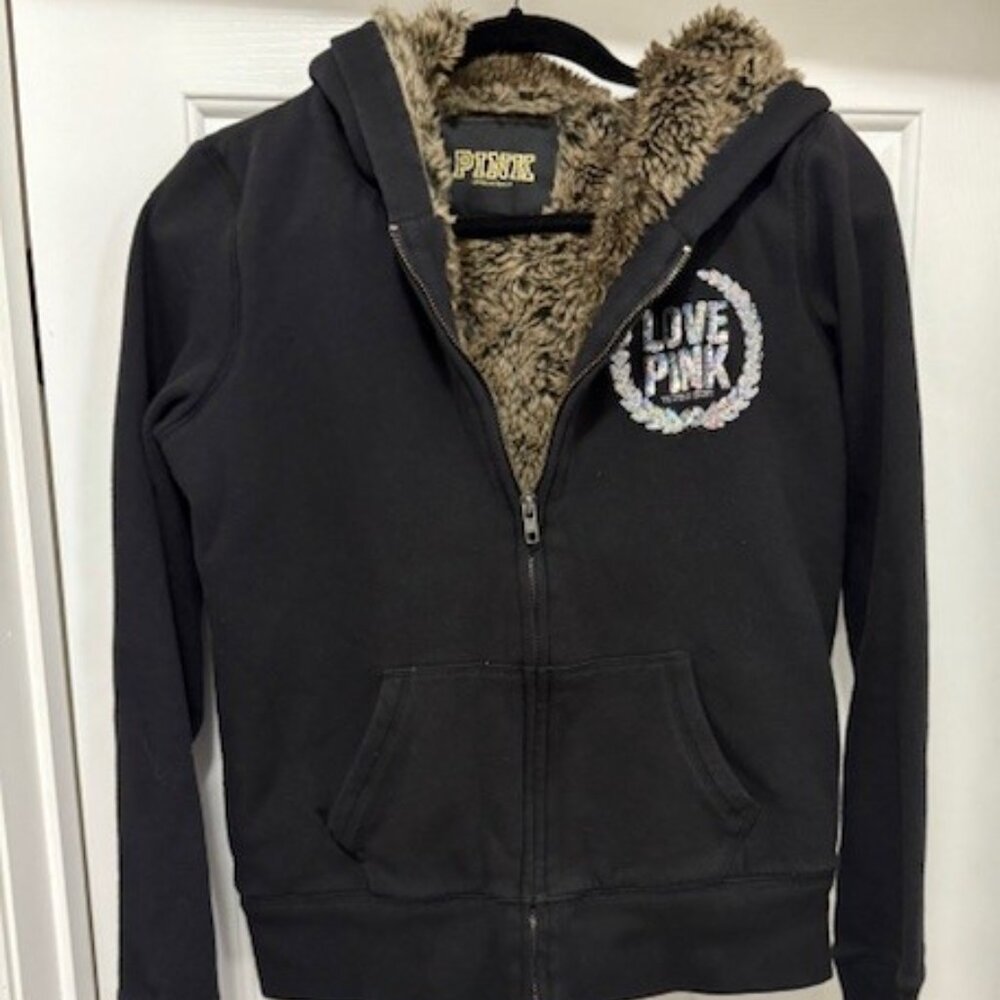 Pink Victoria Secret Faux Fur Lined Hooded Zip Up Jacket